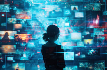 Symbolic photo: young woman looking at a wall of monitors