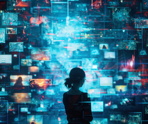 Man sieht die Silhouette einer Frau die vor einer digitalen Bilderwand steht