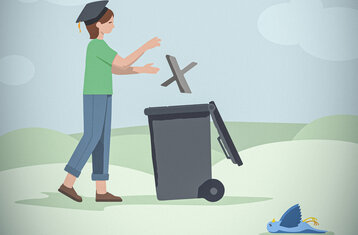 The graphic shows a person with an academic hat throwing an X into a garbage can