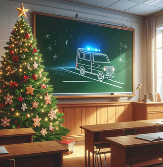 AI picture of classroom with a Christmas tree
