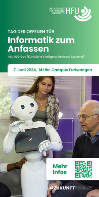 [Translate to English:] Studentin und Professor agieren mit humanoidem Roboter