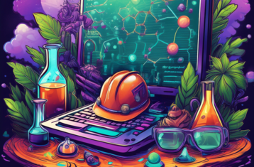 Symbolbild: KI generierte Grafik mit Monitor, Sicherheitshelm, Reagenzgläsern