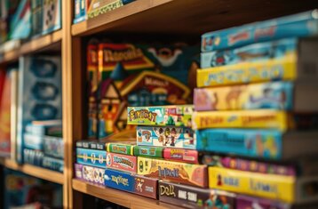 Man sieht ein Regal, dass mit verschiedenen Brettspielen gefüllt ist