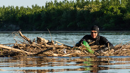 Ein Mann im Neoprenanzug lehnt im Wasser auf Treibholz