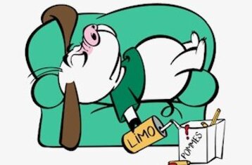 You see a drawn pig sleeping on a couch