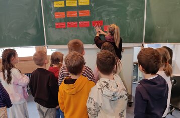 Eine Gruppe Schulkinder schaut an eine Tafel, an der eine Erwachsene etwas zeigt